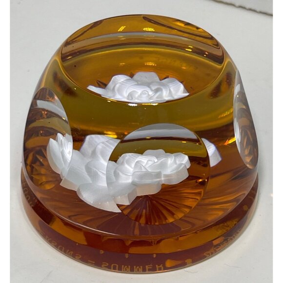 White Rose & Amber Crystal Paperweight By Eickholt Signed 2000 - Picture 4 of 9